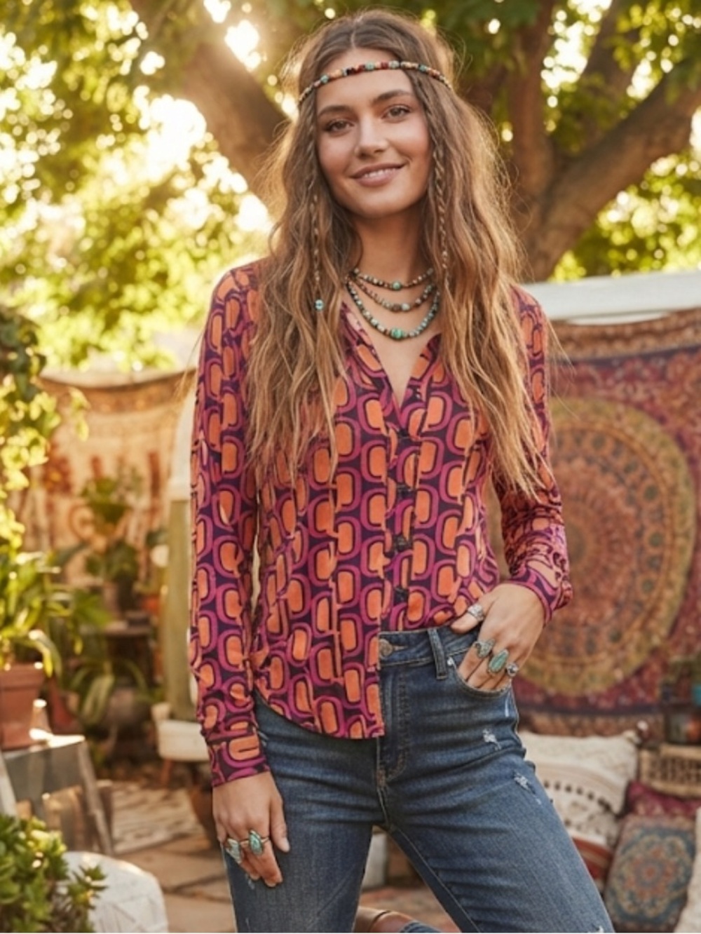 Truth by Republic Geometric Pink & Orange Button-Front Shirt